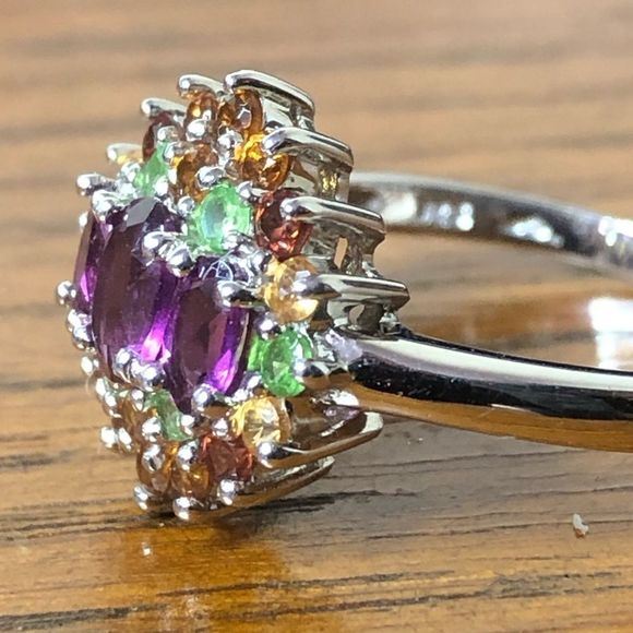 Sterling Silver Amethyst, Garnet, Peridot, Citrine Vintage Gemstone Ring Sz 10 - Picture 4 of 17